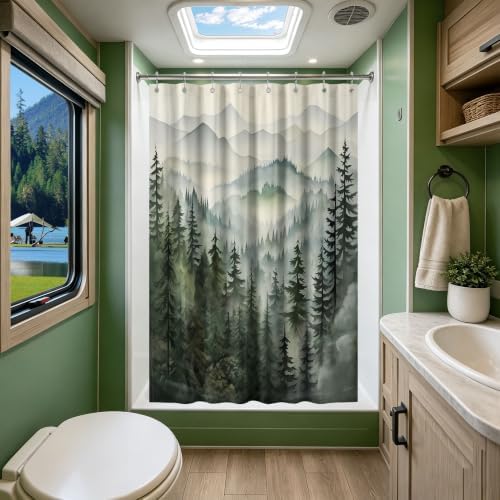Sage Green Forest Stall Shower Curtain, 47X64 in Narrow Small, Mountain
