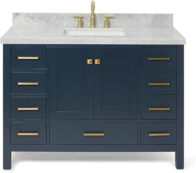 ARIEL Cambridge 48-inch Bathroom Vanity with Sink,Solid Wood, 1.5-inch Italian Carrara Marble Countertop, Single Rectangular Porcelain Sink, 2 Soft Closing Doors, 9 Dovetail Drawers, Midnight Blue