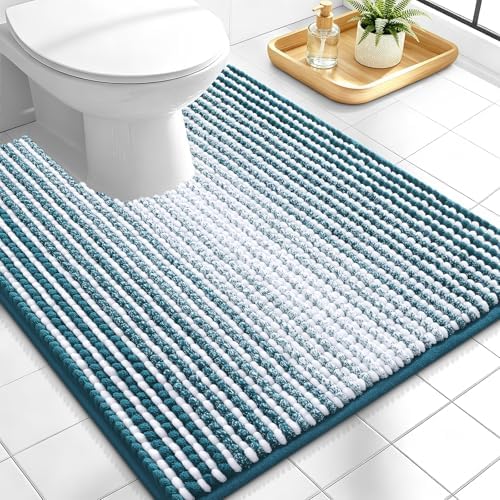 OLANLY Toilet Rugs U-Shaped 24x20, Chenille Contour Bath Mat, Peacock Blue