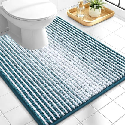 OLANLY Toilet Rugs U-Shaped 24x20, Chenille Contour Bath Mat, Peacock Blue