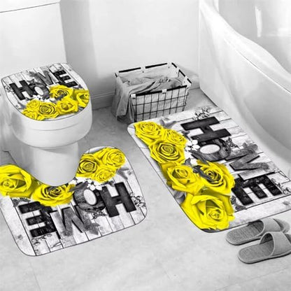 Yddsky 4 Pcs Yellow Rose Shower Curtain Set with Rugs Bathroom Set