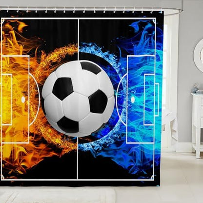 jejeloiu Soccer Ball Game Bath Curtain Boys Girls 72"x78" Football Shower Curtain for Kids Women Men Waterproof Ice Fire Bathroom Shower Curtain Set Orange Blue Kids Bathroom Accessories