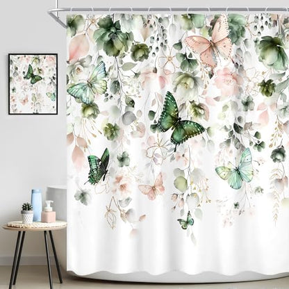 Green Pink Floral Butterfly Spring Summer Bathroom Shower Curtain Set