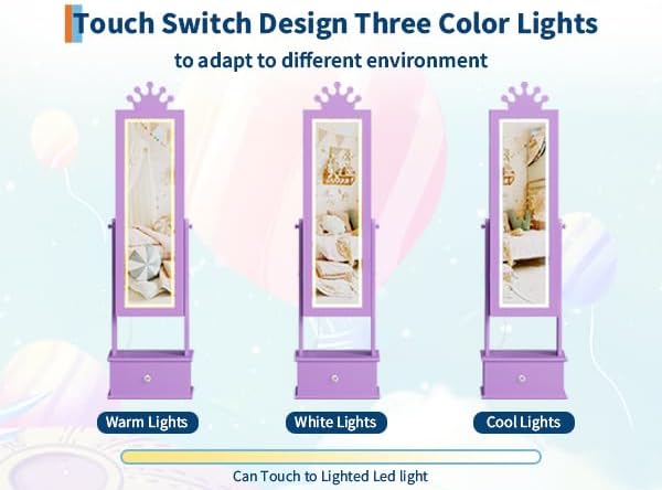 GarveeHome Kids Jewelry Armoire,Child Jewelry Cabinet with Led Light,Freestanding Jewelry Organizer with Full-Length Mirror,3 Storage Drawers,Kids Vanity Dress Up Mirror Cabinet for Girls（Purple）