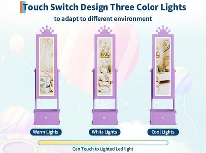 GarveeHome Kids Jewelry Armoire,Child Jewelry Cabinet with Led Light,Freestanding Jewelry Organizer with Full-Length Mirror,3 Storage Drawers,Kids Vanity Dress Up Mirror Cabinet for Girls（Purple）