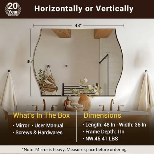 ANDY STAR Rectangle Scalloped Mirror, 36"x48" Brushed Gold Bathroom Mirror in SUS304 Stainless Steel Metal Frame, Brass Vanity Mirror with Unique Arched Top Design