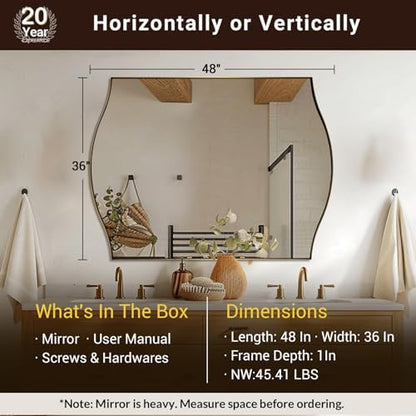 ANDY STAR Rectangle Scalloped Mirror, 36"x48" Brushed Gold Bathroom Mirror in SUS304 Stainless Steel Metal Frame, Brass Vanity Mirror with Unique Arched Top Design