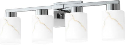 4-Light Bathroom Light Fixtures, Modern Vanity Lights, Chrome Metal Wall Lamp with White Marble Glass for Bathroom, Mirror, Living Room, Bedroom, Cabinet, Porch, Hallway, E26 Base