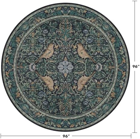 Hazo Haus Large 8ft Area Round Rug for Living Room - Vintage Circular Rug for Kids Bedroom, Dining Room, Washable Floral & Bird Pattern Low Pile Non Slip, Blue Green Olive Indoor Aesthetic Décor
