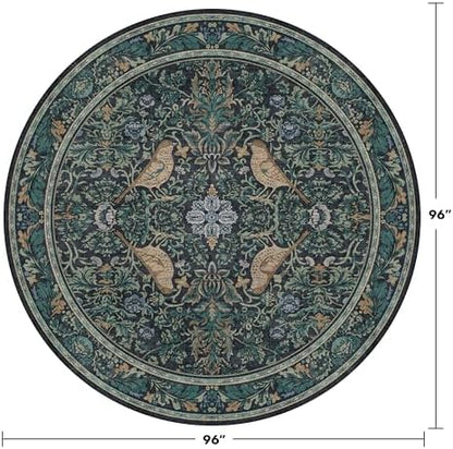 Hazo Haus Large 8ft Area Round Rug for Living Room - Vintage Circular Rug for Kids Bedroom, Dining Room, Washable Floral & Bird Pattern Low Pile Non Slip, Blue Green Olive Indoor Aesthetic Décor