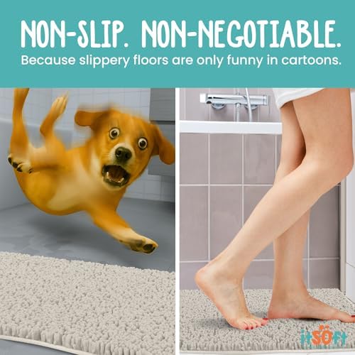 Chenille Bath Mats 47"x21", Ivory White Plush Absorbent Quick Dry, Soft & Machine Washable, Non Slip Carpet for Bathroom, Thick Bathroom Rugs, Shower Restroom Rug Mat, Alfombras De Bano, Bathrugs