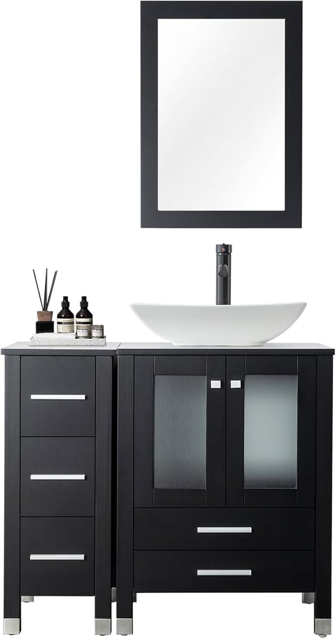 LUCKWIND 36" Bathroom Vanity Combo with Sink, 24"+12.6" Width, Painted Bathroom Storage Cabinet with 5 Drawers, Including Curved Rectangle Sink Without Mirror, Black