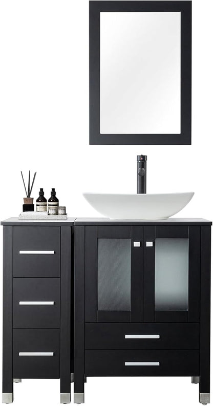 LUCKWIND 36" Bathroom Vanity Combo with Sink, 24"+12.6" Width, Painted Bathroom Storage Cabinet with 5 Drawers, Including Curved Rectangle Sink Without Mirror, Black