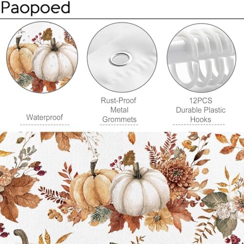 Fall Pumpkin Shower Curtain 72"x72" Waterproof Polyester, Autumn Leaves Floral Thanksgiving Bathroom Decor Includes 12 Hooks