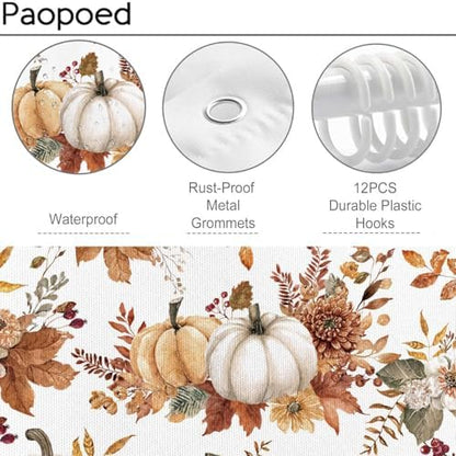 Fall Pumpkin Shower Curtain 72"x72" Waterproof Polyester, Autumn Leaves Floral Thanksgiving Bathroom Decor Includes 12 Hooks