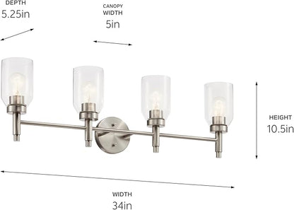 Kichler Madden 4-Light Vanity with Clear Glass in Brushed Nickel, Sloped Ceiling Compatible, for Single or Double Vanity in Bathroom (10.5" x 34"), 55186NI
