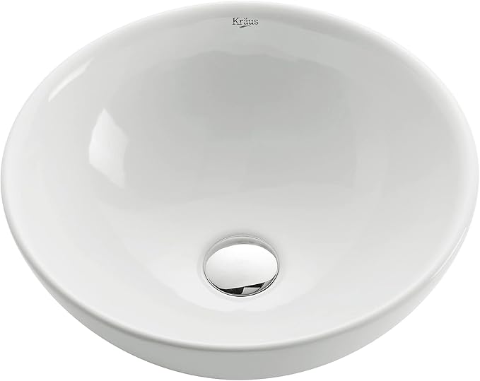 Kraus KCV-141-CH White Round Ceramic Sink with Pop Up Drain, Chrome