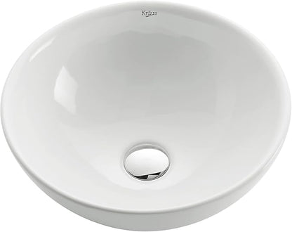 Kraus KCV-141-CH White Round Ceramic Sink with Pop Up Drain, Chrome