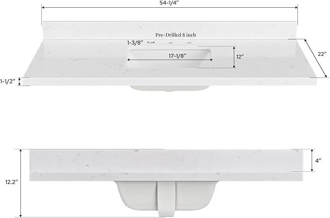 ARIEL 54 inch Bathroom Vanity top with Sink, 1.5 Inch Thick Miter Edge Carrara White Quartz top, Rectangle Single Porcelain Sink, Includes Backsplash