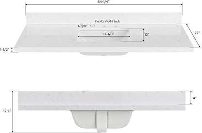 ARIEL 54 inch Bathroom Vanity top with Sink, 1.5 Inch Thick Miter Edge Carrara White Quartz top, Rectangle Single Porcelain Sink, Includes Backsplash