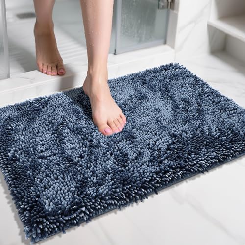 Yimobra Chenille Bathroom Rugs Non Slip, Extra Thick Soft Absorbent Bath Rug 31.5x20 Inch, Machine Washable Quick Dry Bath Mat for Bathroom Floor, Tub and Shower, Home Decor Accessories, Light Blue