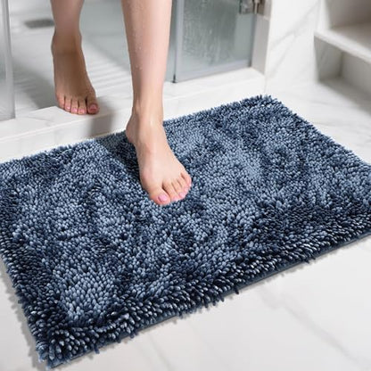 Yimobra Chenille Bathroom Rugs Non Slip, Extra Thick Soft Absorbent Bath Rug 31.5x20 Inch, Machine Washable Quick Dry Bath Mat for Bathroom Floor, Tub and Shower, Home Decor Accessories, Light Blue