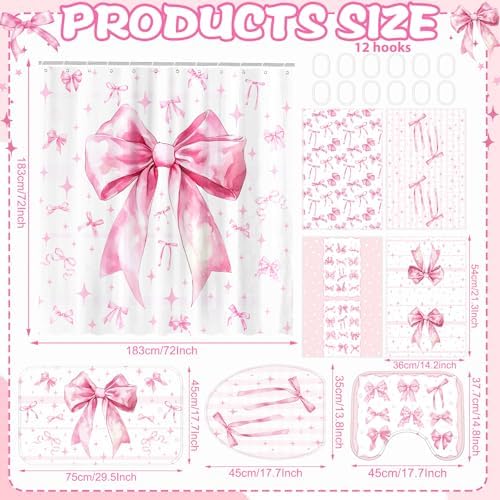 FuWeave 8 Pcs Pink Bow Shower Curtain Sets for Bathroom Decor Cute Coquette Bathroom Accessories Bow Knot Aesthetic Girly Shower Curtain Sets with Towels Carpet Bath Mat Toilet Rugs and 12 Hooks