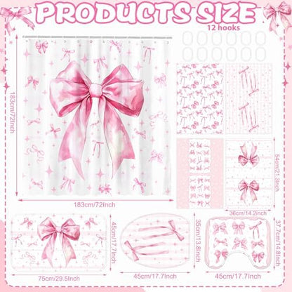 FuWeave 8 Pcs Pink Bow Shower Curtain Sets for Bathroom Decor Cute Coquette Bathroom Accessories Bow Knot Aesthetic Girly Shower Curtain Sets with Towels Carpet Bath Mat Toilet Rugs and 12 Hooks