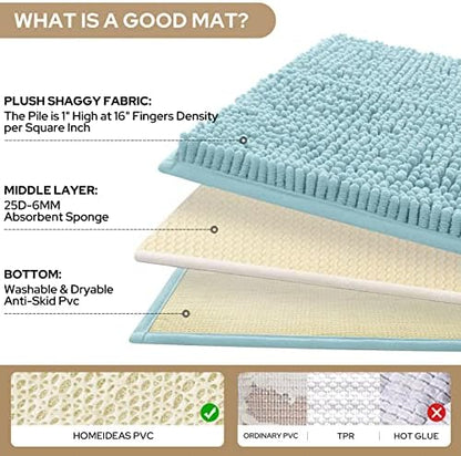 HOMEIDEAS Light Blue Chenille Bathroom Rugs Set of 3, Non Slip Bath Mat