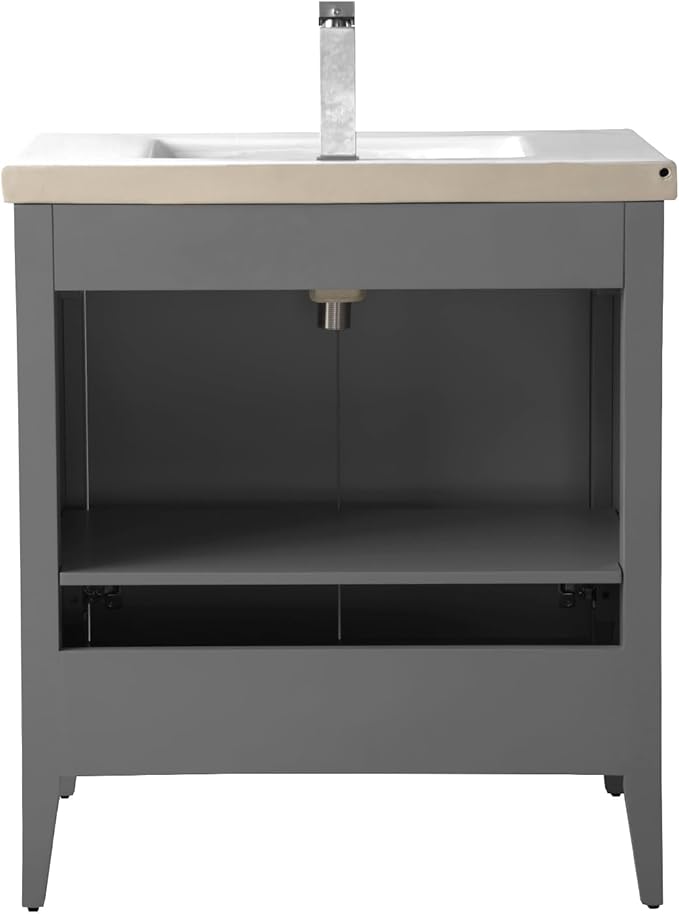 Vanity Art 30 inch Bathroom Vanity with Single Sink & Ceramic Top, Vanity Cabinet with Soft-Closing Door, Solid Wood Frame, Linear Pattern, Cashmere Gray, Golden Brushed Handware VA9130-G-GB