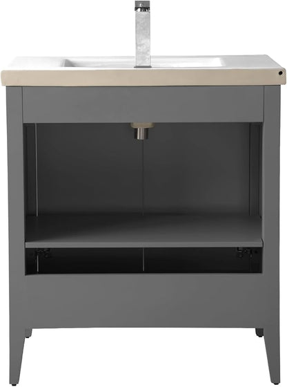 Vanity Art 30 inch Bathroom Vanity with Single Sink & Ceramic Top, Vanity Cabinet with Soft-Closing Door, Solid Wood Frame, Linear Pattern, Cashmere Gray, Golden Brushed Handware VA9130-G-GB