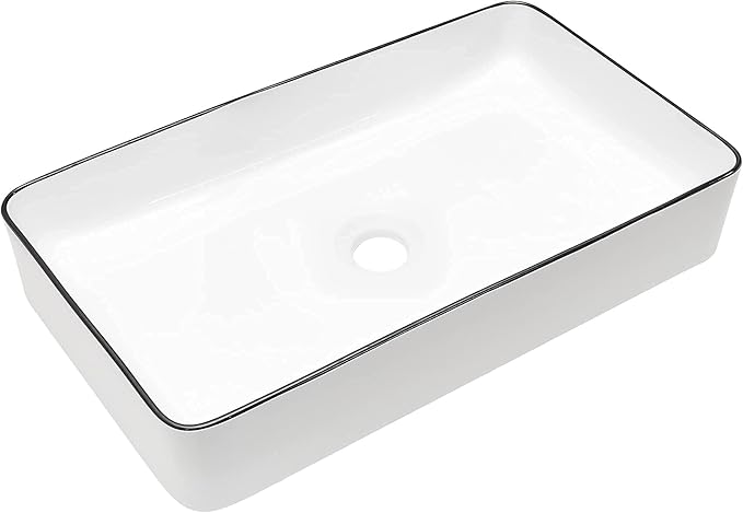 Rectangular Bathroom Vessel Sink - Beslend 24”x14” White Ceramic with Black Rim Porcelain Vessel Sink Above Counter Sink Modern Art Basin