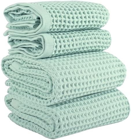 PÜSKÜL Natural 100% Turkish Cotton Waffle Towels Set of 4-Piece, Ice Green