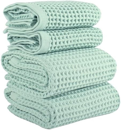 PÜSKÜL Natural 100% Turkish Cotton Waffle Towels Set of 4-Piece, Ice Green