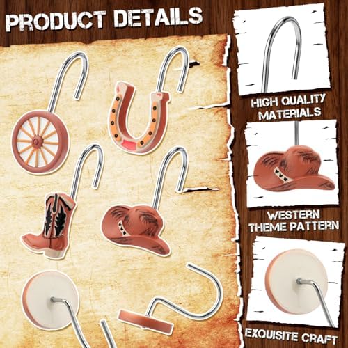 Thyle 12 Pcs Western Cowboy Shower Curtain Hooks, Rustic Farmhouse Bathroom Decor Rings with Cowboy Hat Boot Horseshoe Designs, Vintage Ranch Style Shower Curtain Rings for Country Home Holiday Decor