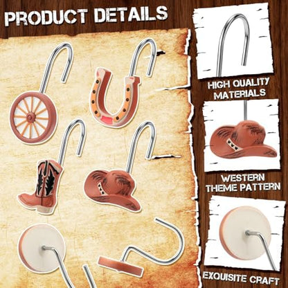 Thyle 12 Pcs Western Cowboy Shower Curtain Hooks, Rustic Farmhouse Bathroom Decor Rings with Cowboy Hat Boot Horseshoe Designs, Vintage Ranch Style Shower Curtain Rings for Country Home Holiday Decor