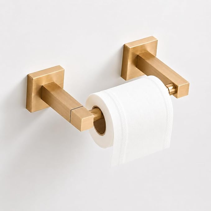 Brushed Gold Toilet Paper Holder Wall Mount, Bathroom Toilet Paper Holder for SUS 304 Stainless Steel, Double Post Pivoting Square Toilet Paper Roll Holder for Bathroom RV Paper Towels for TP