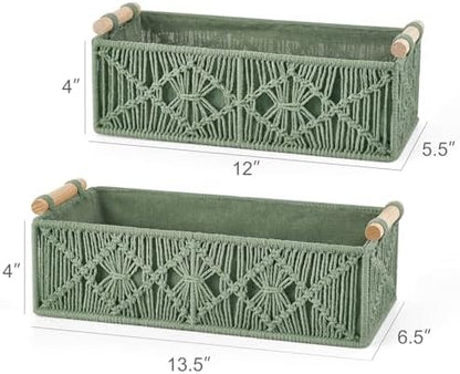 Mkono 2Pc Macrame Storage Basket, Boho Decor Toilet Paper Holder, Green