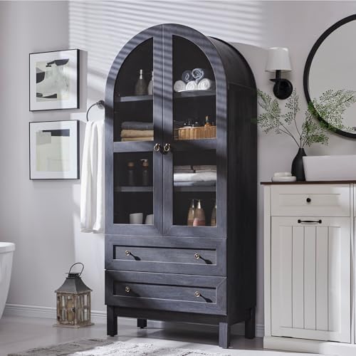 71" Tall Arched Bathroom Storage Cabinet, 4-Tier Wooden Bathroom, Dark Grey