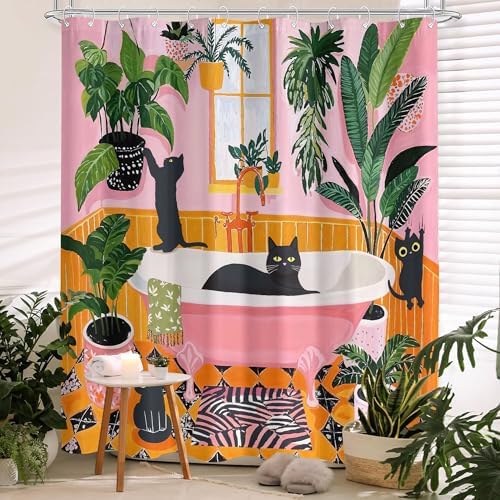 Funny Cat Shower Curtain Boho Cute Fun Black Cats Matisse Shower Curtains for Bathroom Kitten Green Tropical Plant Leaves Pink Orange Yellow Waterproof Fabric Bath Curtain Decor 72 X 72 Inches