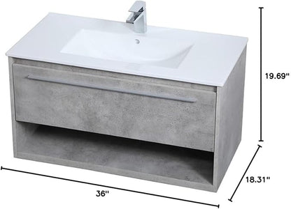 36 Inch Single Bathroom Floating Vanity in Concrete Grey, 714554