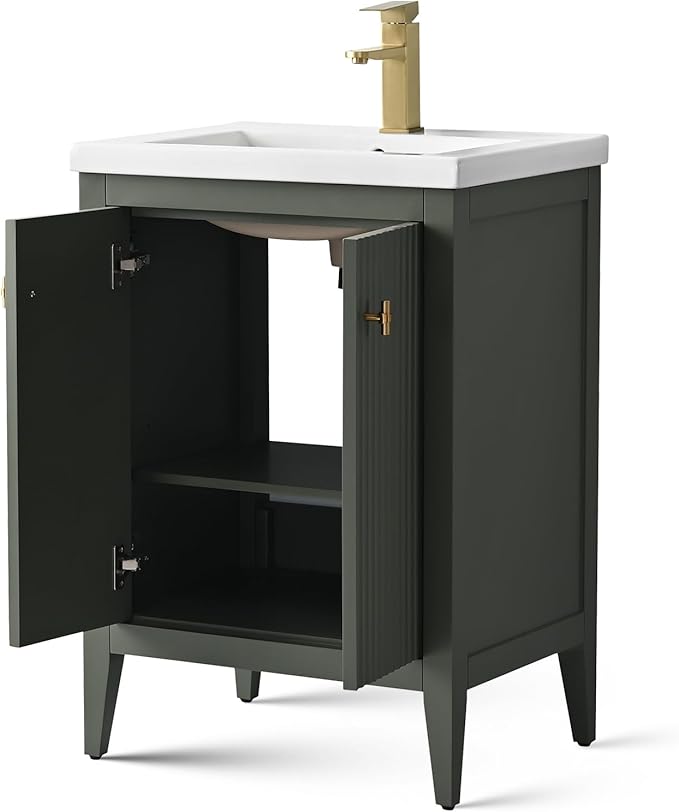 Vanity Art 24 inch Bathroom Vanity with Single Sink & Ceramic Top, Vanity Cabinet with Soft-Closing Door, Solid Wood Frame, Linear Pattern, Vintage Green, VA9124-VG-MB,Matte Black Handles