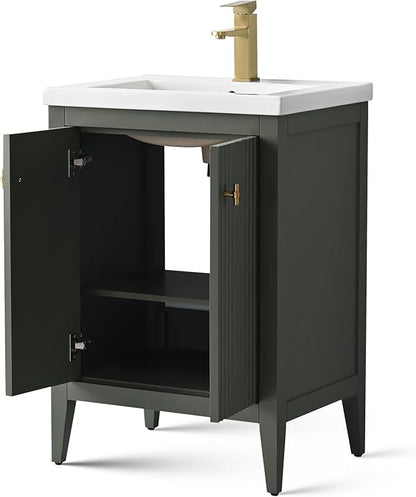 Vanity Art 24 inch Bathroom Vanity with Single Sink & Ceramic Top, Vanity Cabinet with Soft-Closing Door, Solid Wood Frame, Linear Pattern, Vintage Green, VA9124-VG-MB,Matte Black Handles