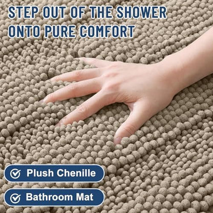 Grandaily Chenille Striped Bathroom Rugs 44x24, Extra Thick and Soft Absorbent Bath Mats, Rubber Backing, Plush Shaggy Shower Carpet, Machine Wash Dry, Bath Rug for Bathroom, Warm Taupe