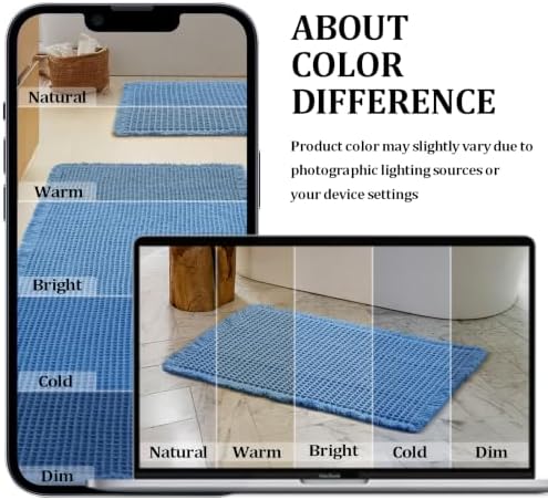 JIUZHEN Set of 2 Waffle Bath Mats Boho Bath Rugs 16"x24"+20"x32", Blue