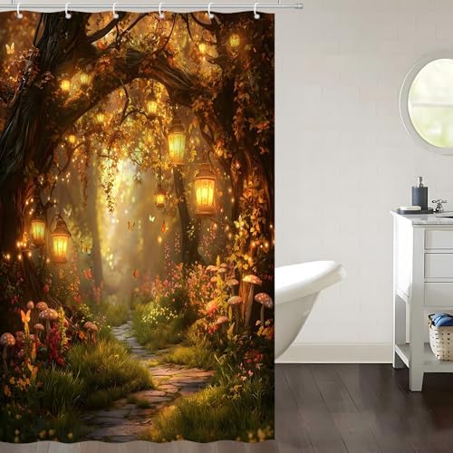 Fantasy Forest Path Shower Curtain Fall Fairy Magical Enchanted Misty Jungle Mushroom Floral Tree Butterfly Lantern Wonderland Bath Curtain Fabric Bathroom Accessories Decor with Hooks 47W x63L