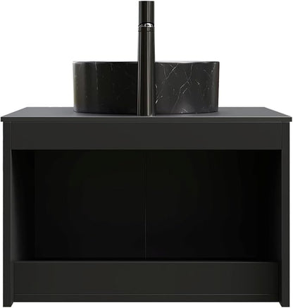 24 Inch Bathroom Vanity with Sink, Floating Fluted Vanity with Vessel Sink, Small Wall Mounted Bathroom Vanity Cabinet with 2 Doors, Black Round Ceramic Sink & Sintered Stone Top, Black