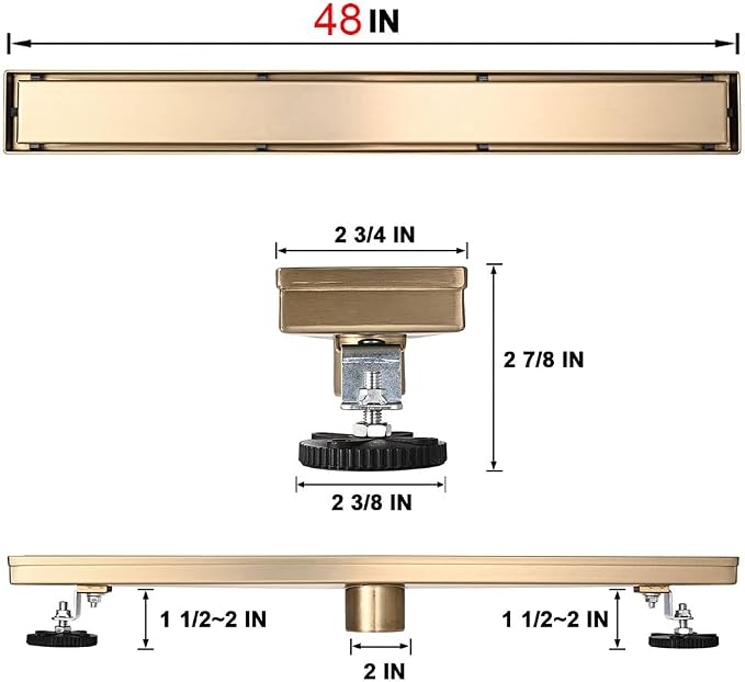 Linear Shower Floor Drain, Brushed Gold 48 Inch 304 Stainless Steel Bathroom Drains Kit, Rectangular Shower Trench Drain with Reversable Tile-in Pattern Drain Cover & Hair Catcher