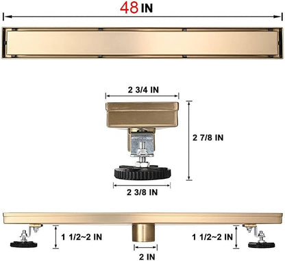 Linear Shower Floor Drain, Brushed Gold 48 Inch 304 Stainless Steel Bathroom Drains Kit, Rectangular Shower Trench Drain with Reversable Tile-in Pattern Drain Cover & Hair Catcher