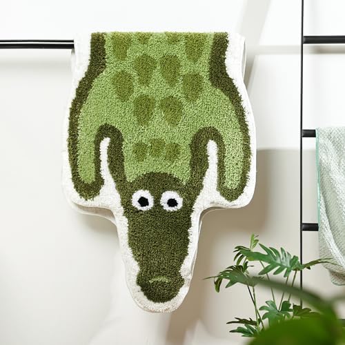 Panstar Crocodile Bath Mat for Bathroom, Cute Animal Bath Mats Non Slip Alligator Shaped Absorbent Bathtub Rug Bathroom Plush Shower Rugs